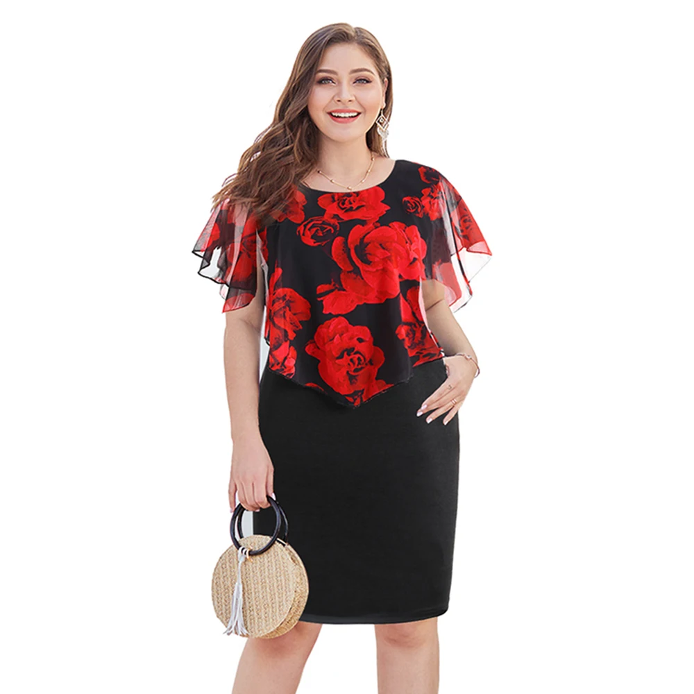 Wipalo Women Plus Size Overlay Capelet Rose Dress Chiffon Elegant Party Pencil Ladies Summer Beach Casual Vestidos S-5XL | Женская