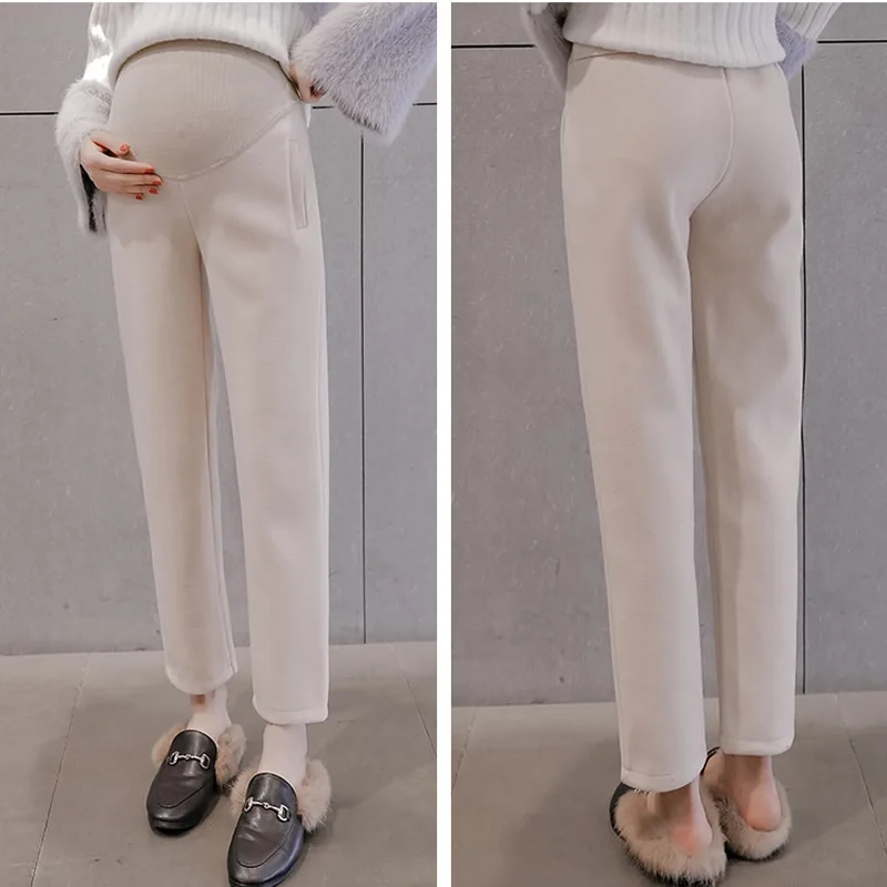 

Pregnancy winter woolen pants Harlan thicken straight leg trousers for maternity women keep warm high waist belly causal pants