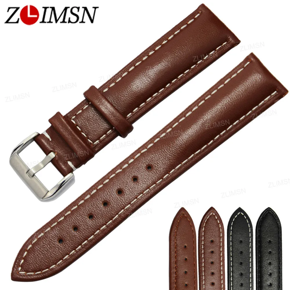 

ZLIMSN Men's Genuine Leather Watchband 18 20 22 24mm Black Brown Straps Soft Smooth Watch Bands Wristband Stainless Steel Buckle