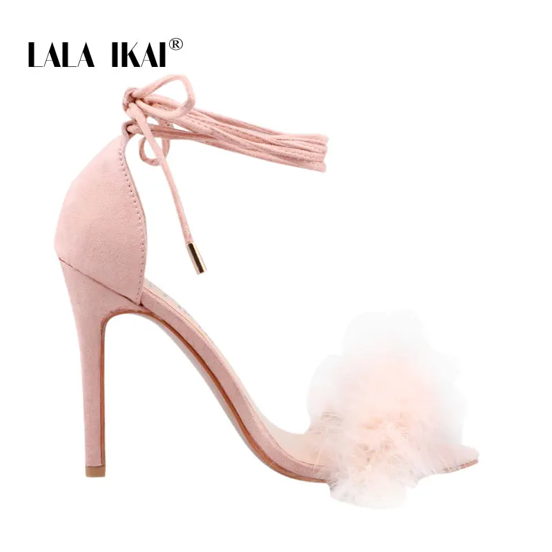 Pink LALA IKAI/босоножки с ремешками на лодыжках; женская обувь на высоком каблуке; летняя пикантная обувь для вечеринок; обувь из флока на меху на шнуровке и квадратном каблуке; Sandalie; 014C3569-45 - Цвет: Pink