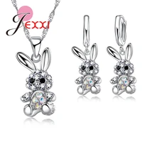 cute rabbit pendants for 925 sterling silver necklace earrings jewelry set with shiny cz crystal for womengirls
