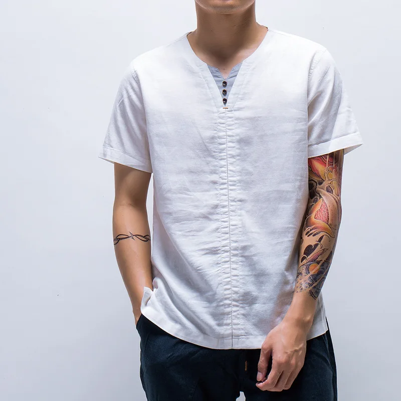 Брендовая льняная футболка для мужчин новинка 2018 модные однотонные футболки с V