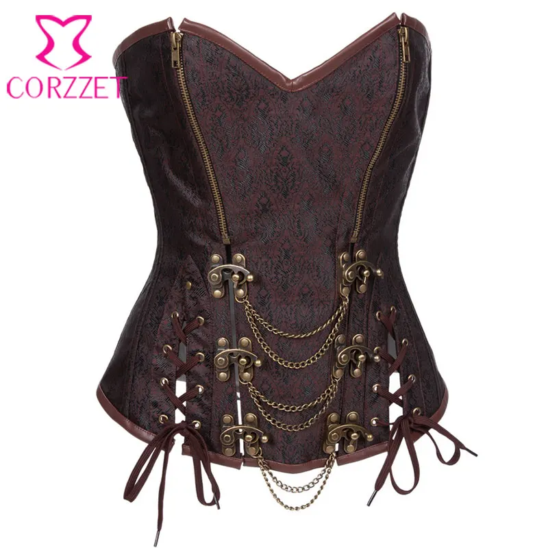 

Corzzet Vintage Brown Brocade Steel Boned Steampunk Overbust Corsets And Bustiers Waist Trainer Plus Size Cothic Corsage