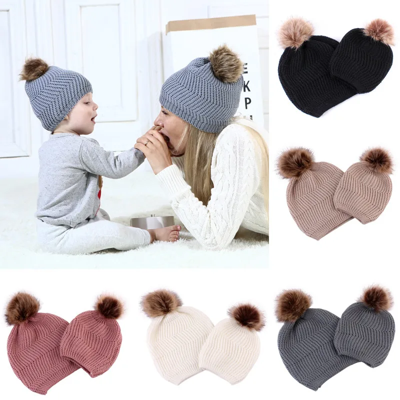 

2PCS Mother+Baby Winter Knit Wool Warm Hat Soft Cotton Turban Knot Pom Bobble Hat Kid Girl Boys Warm Family Beanie Cap