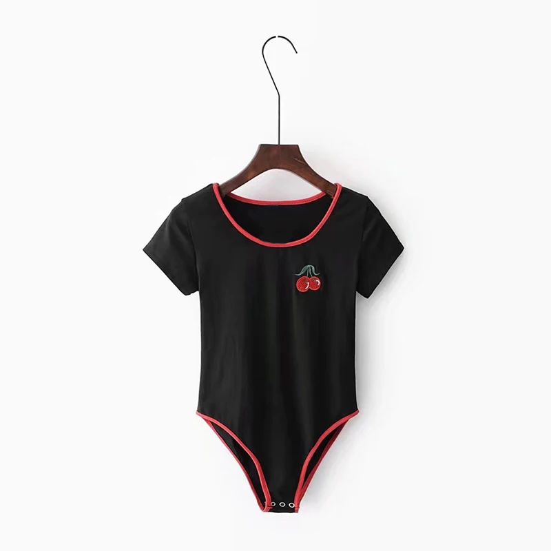 

Sexy Ladies Embroidery Print Bodysuits Female One Pieces Suit Fashion Women Bodysuit Rompers Stretch Short Sleeve Tops Button