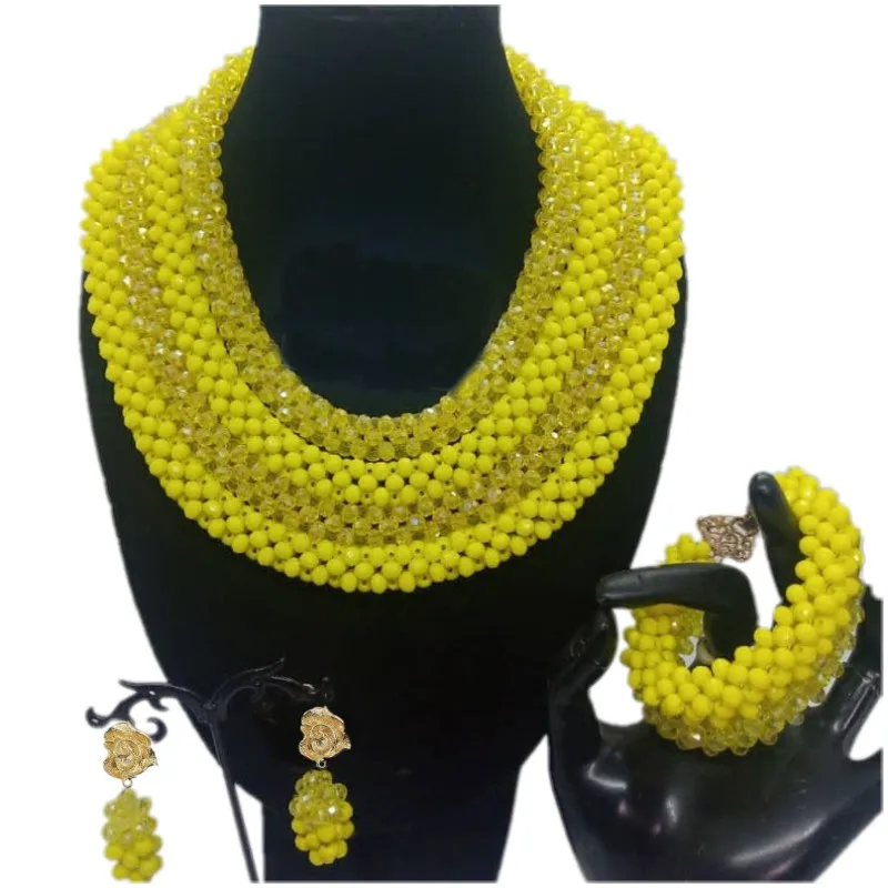 4UJewelry Золотой желтый 4 ряда роскошное ожерелье и серьги ювелирный набор с