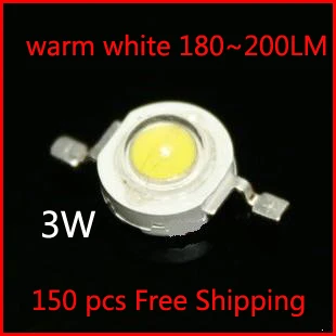 150PCS 3W High power led Source warm white 2800-3500K 700mA DC3.00-3.8V 180-200LM Lamp beads Factory wholesale Free Shipping