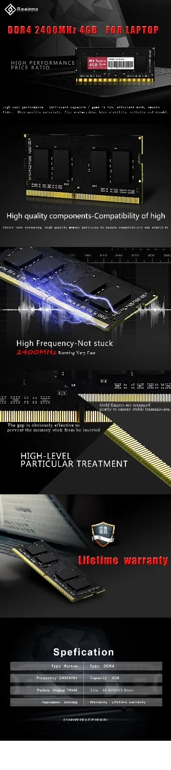 Reeinno оперативная Память ddr4 4 Гб 2400 МГц 1,2 V 19200 МБ/с. NON-ECC 260pin пожизненная гарантия один Прямая поставка с фабрики, только для ноутбука