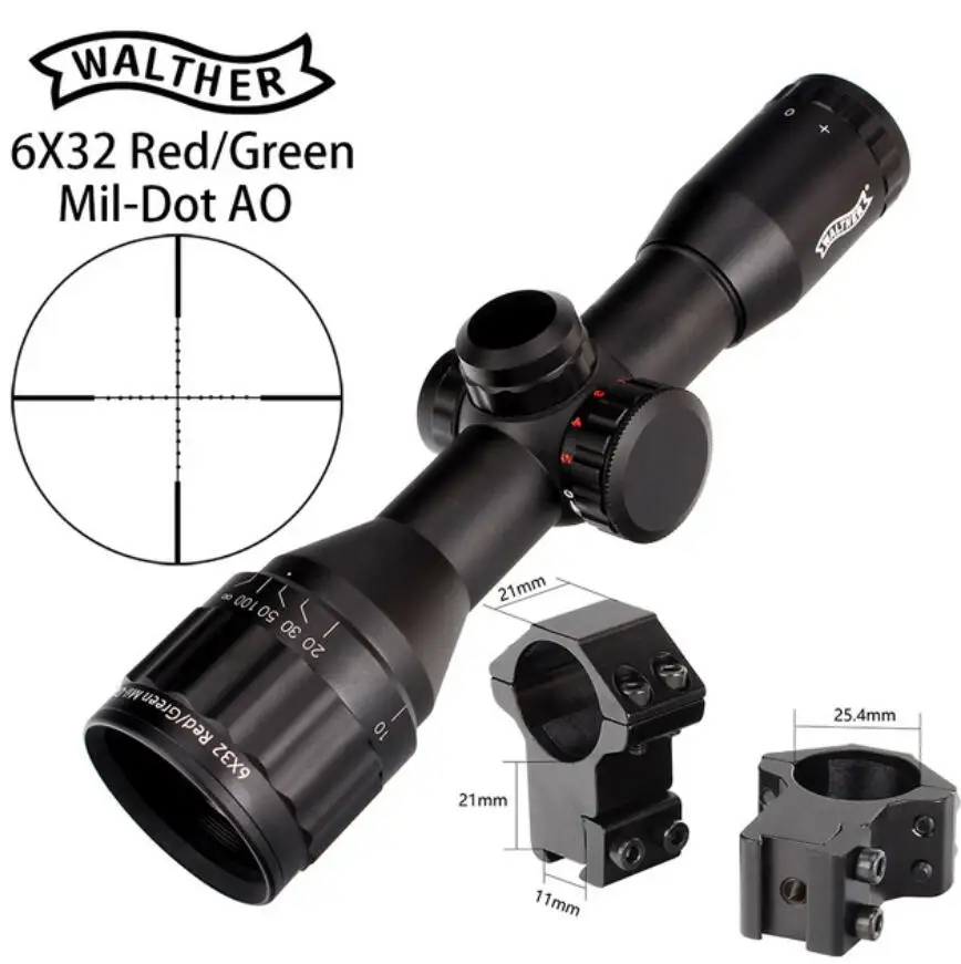 with dovetail ring1 WALTHER 6x32 AO мини Mil-Dot двойной цвет с подсветкой сетка охотничий прицел тактический оптический прицел - Цвет: with dovetail ring1