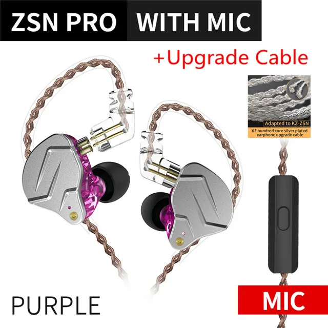 Purple mic Silver Плотным верхним ворсом KZ ZSN PRO 1BA+ 1DD гибридной технологии HIFI Металл вкладыши наушники басовый вкладыш спортивные Шум шумоподавления наушники ZST AS10 ZS10 ES4 V2 - Цвет: Purple mic Silver