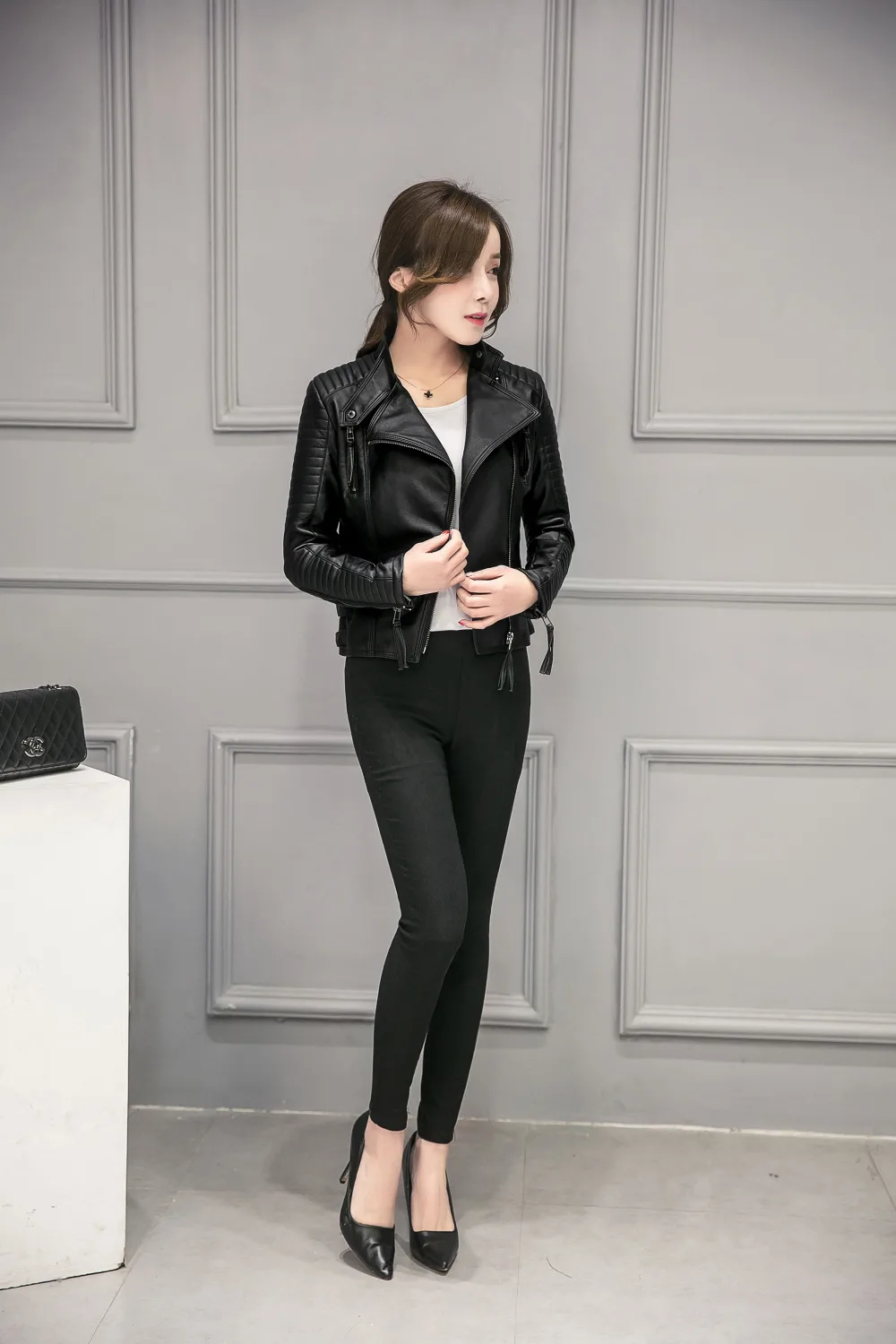 2016 Новинка осень искусственного черный кожаная куртка женская мода узкие