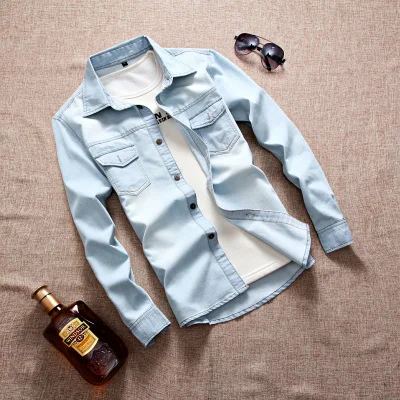 2018 высокое качество с длинным рукавом Джинсовые рубашки Для мужчин повседневная
