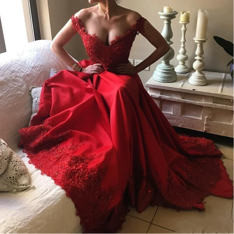 Elegant Red Prom Gown Off the Shoulder Lace Appliques Evening Custom Made V-Neck Floor-Length Vestidos Formal Party Dresses | Женская