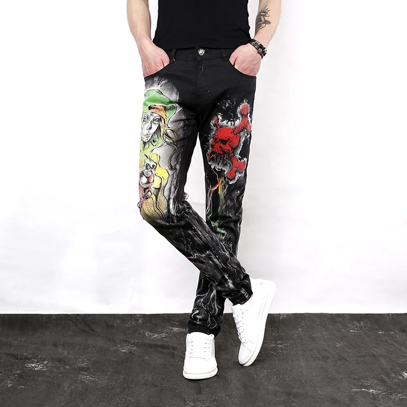 

Idopy Men`s Printed Jeans Punk Style Gothic Night Club Pants For Male