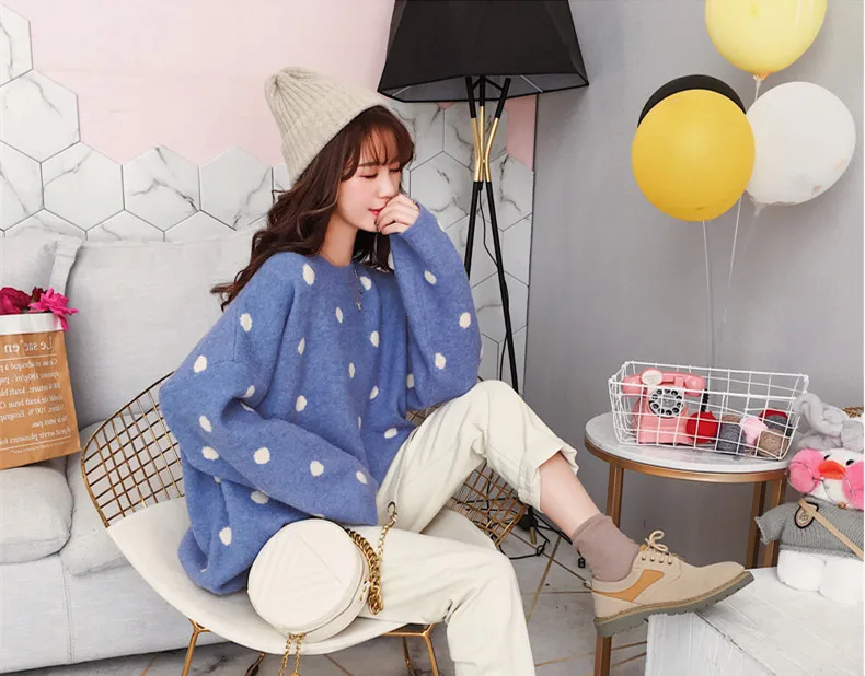 Fall &amp Winter Women Vintage Loose Wool Dot Sweater Tops Knitted Shirt Ladies Oversize Long Sleeve Short Middle Outwear | Женская