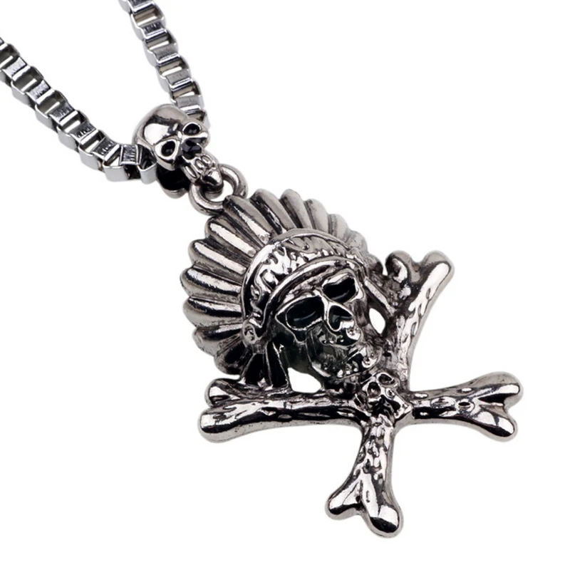 

New Vintage Skull Gothic Indian chief Pendant Necklace Retro Choker Men Necklace Classic Jewelry Gift collier sautoir long chain