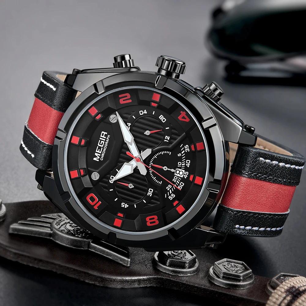 MEGIR часы для мужчин Топ бренд класса люкс модные спортивные мужские кожаный