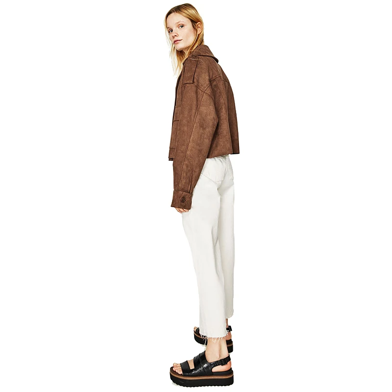 Для женщин Винтаж Осень Chic Твердый коричневый замши Искусственная кожа куртка