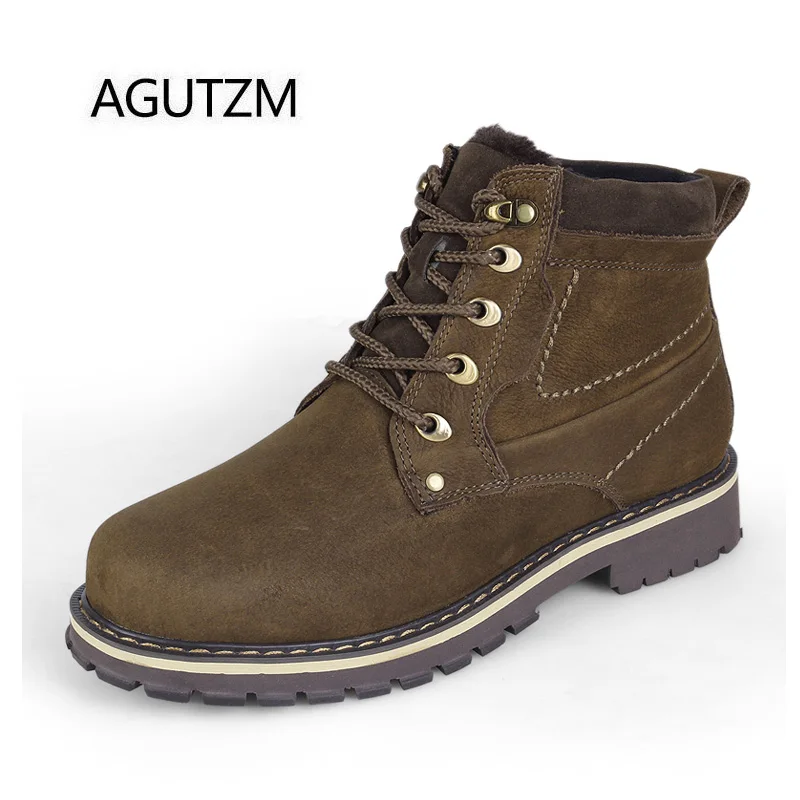 AGUTZM 8988 Fashion Lace Up 100% Genuine Leather Men's Winter Boots Soft Cow Warm Plush Ankle Plus Size : 37-50 |