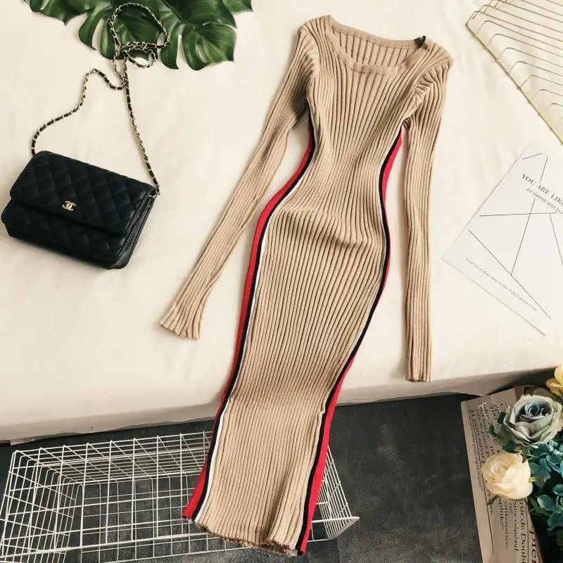 Женская одежда 2018 на осень зиму круглым вырезом Длинные рукава высокая Талия