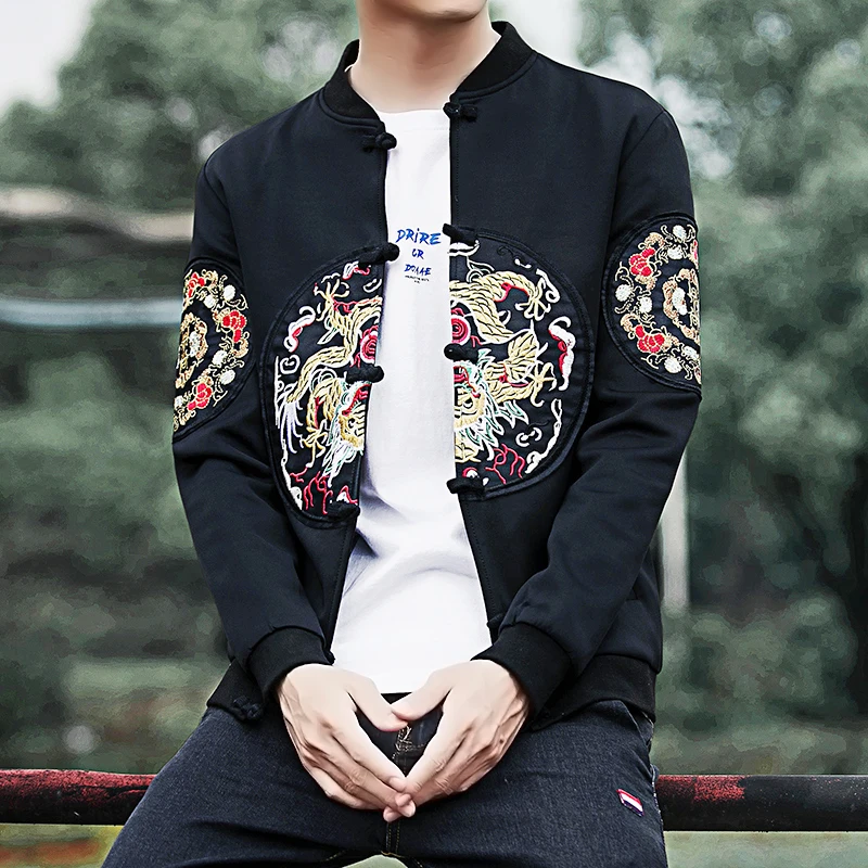 Дракон Вышивка куртка Для мужчин китайский Стиль S Костюмы Пан Коу Повседневное