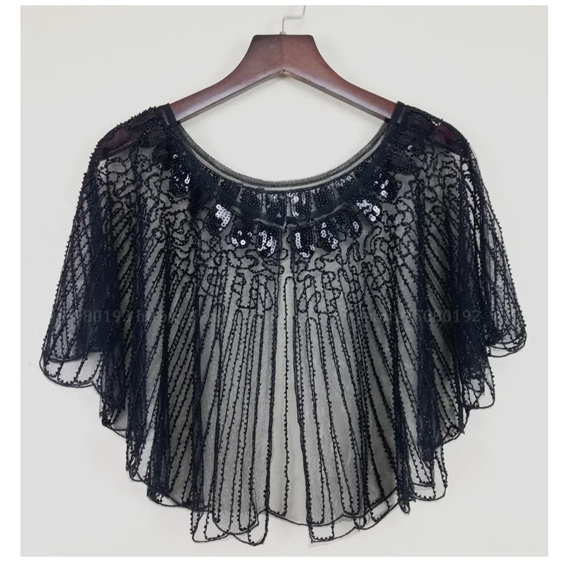 Black Shawl Женская шаль 1920 s, украшенная бисером и пайетками, с декоративным вечерним воротником, на плече, болеро, Хлопушка, накидка, черный/красный/синий/розовый/абрикосовый - Цвет: Black Shawl