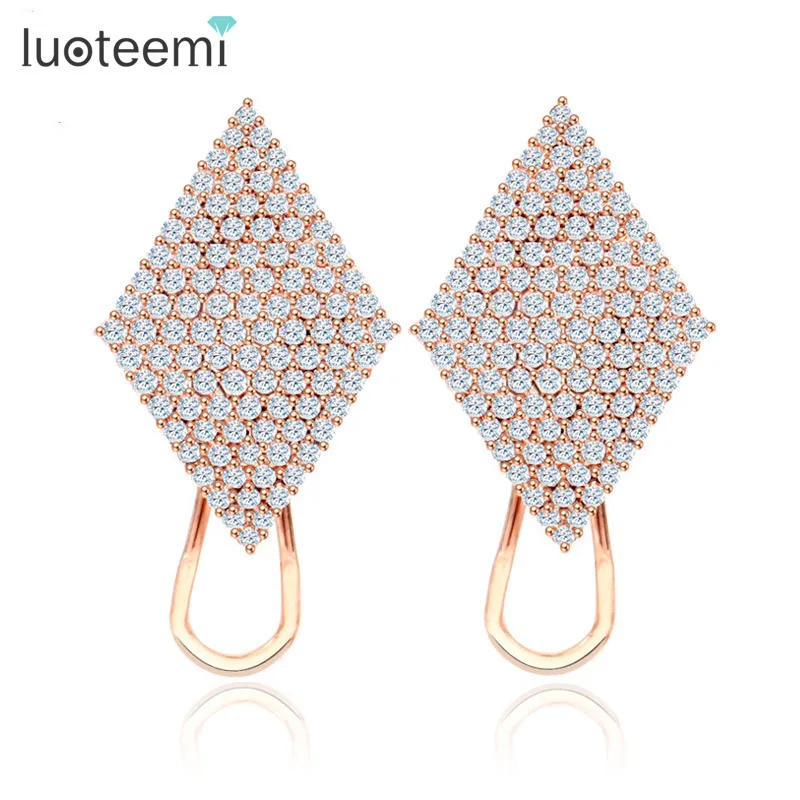 

LUOTEEMI Rose Gold-Color Luxury Korea Temperament OL Fashion Sparking CZ Rhombus Geometry Wedding Bridal Earring For Lady