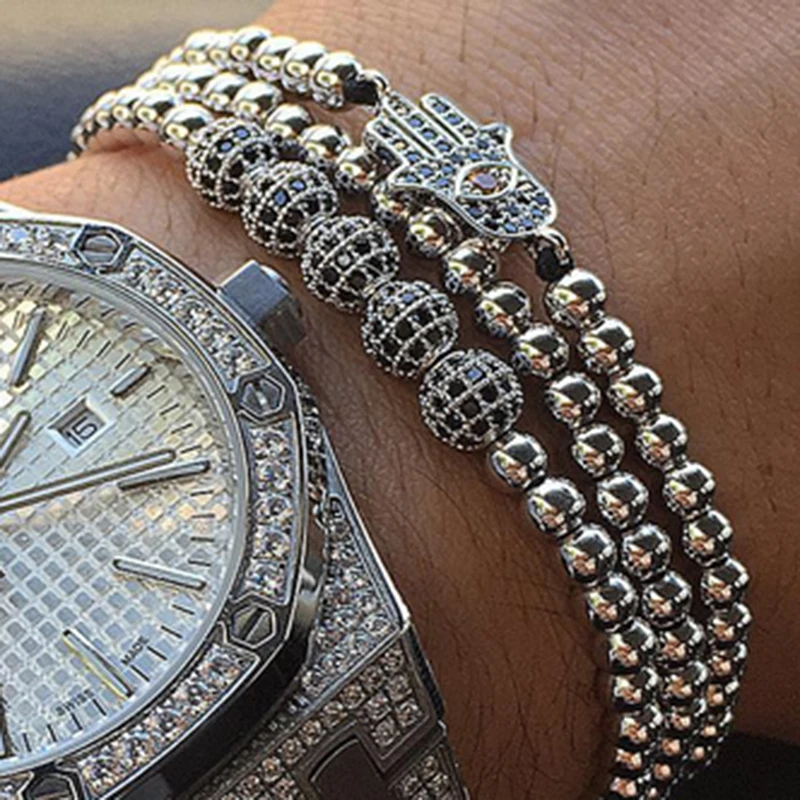 Мужской браслет 2020 3 шт./компл. черные круглые браслеты с микрозакрепкой из