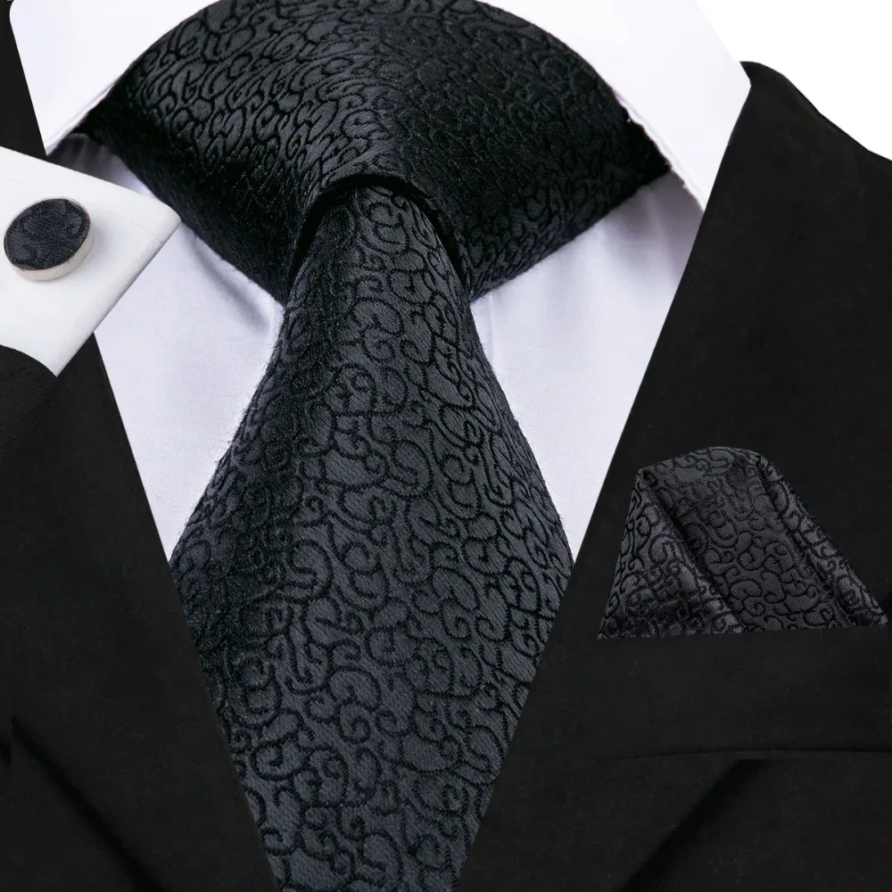 

Hi-Tie New Style 100% Silk Neckties Hanky Cufflinks Formal Style For Business Black Jacquard Neck Tie Suit Men Bussiness C-3040