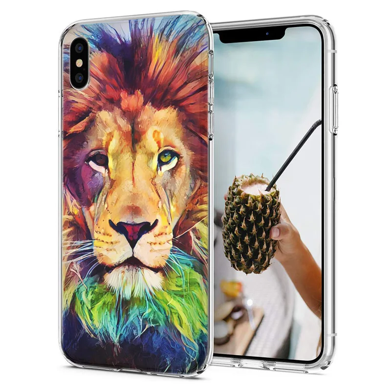Мягкий чехол для телефона iPhone X XS XR чехлы из ТПУ с красочным рисунком льва волка