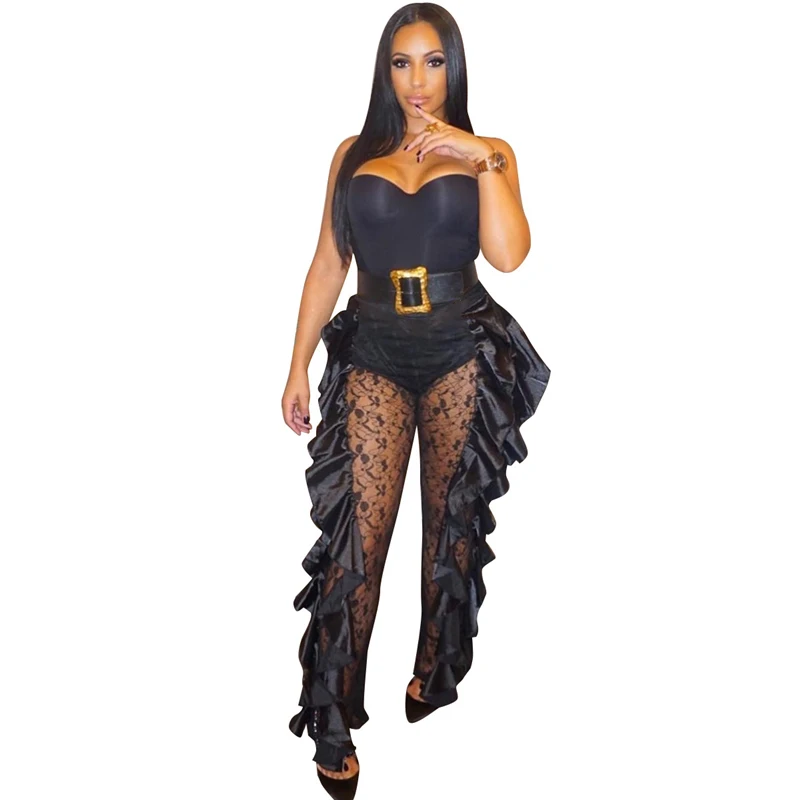 black jumpsuit Adogirl/прозрачный кружевной комбинезон с рюшами и трусиками для женщин, сексуальный Модный комбинезон без бретелек, ночные широкие брюки для клуба, вечеринок - Цвет: black jumpsuit