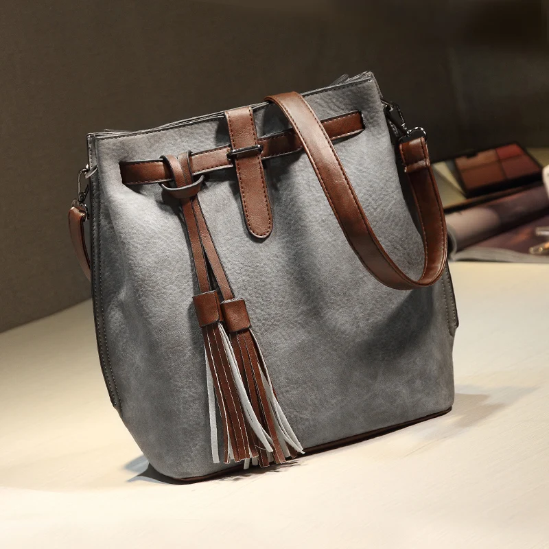 Hot Koop Nieuwe Vrouwen PU Lederen Handtassen Kwastje Modeontwerper Zwarte Emmer Vintage Schoudertassen Messenger Bag | Багаж и сумки