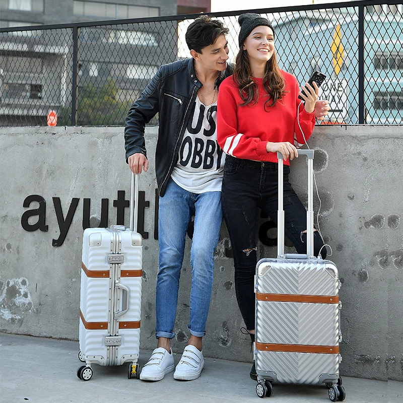 USB винтажный кожаный чемодан на колесиках для путешествий ПК алюминиевая рама с