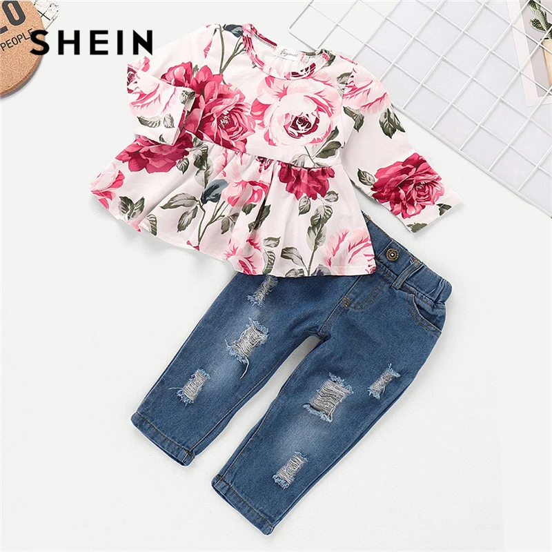 SHEIN/комплект из топа с цветочным принтом и рваных джинсов; повседневная одежда для девочек-подростков; коллекция года; сезон весна; модная детская одежда с длинными рукавами