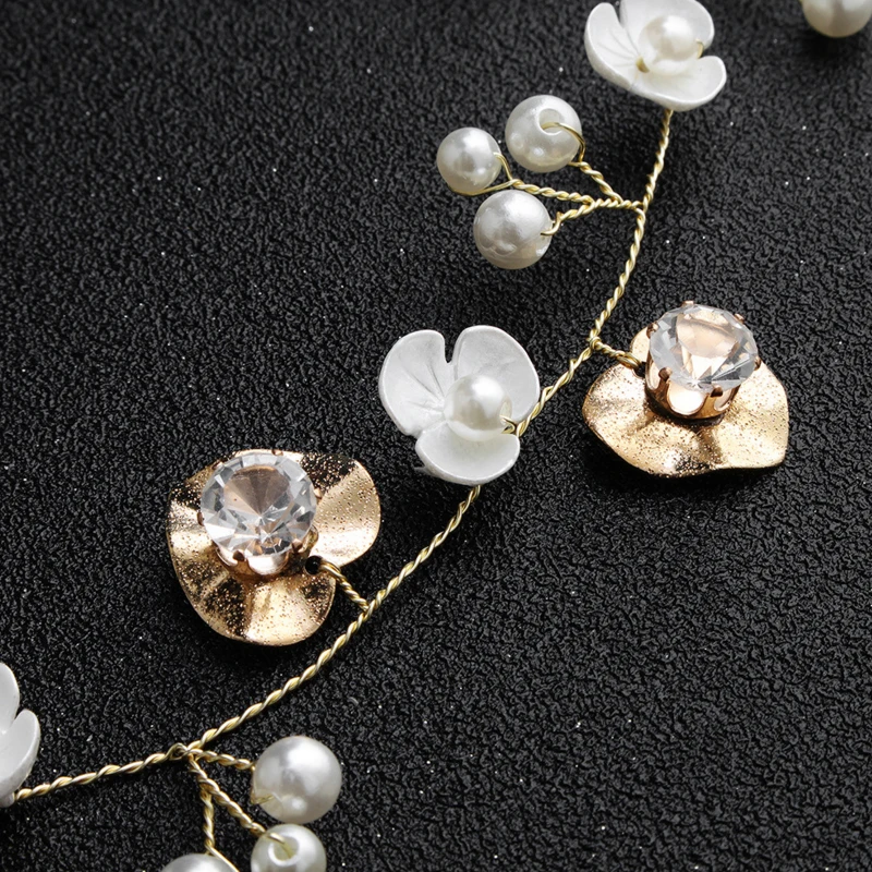 Luxury Handmad Gold Alloy Leaves Crystal Bridal Headband Headpiece Women's Pearl Flower Tiara Hair Vine Wedding Accessories | Украшения