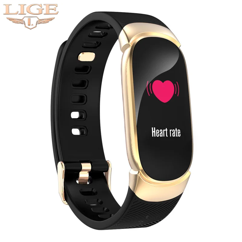 Gold black LIGE Умный спортивный фитнес-браслет для женщин ip67 Водонепроницаемый светодиодный браслет цветной экран монитор сердечного ритма трекер активности часы - Цвет: Gold black