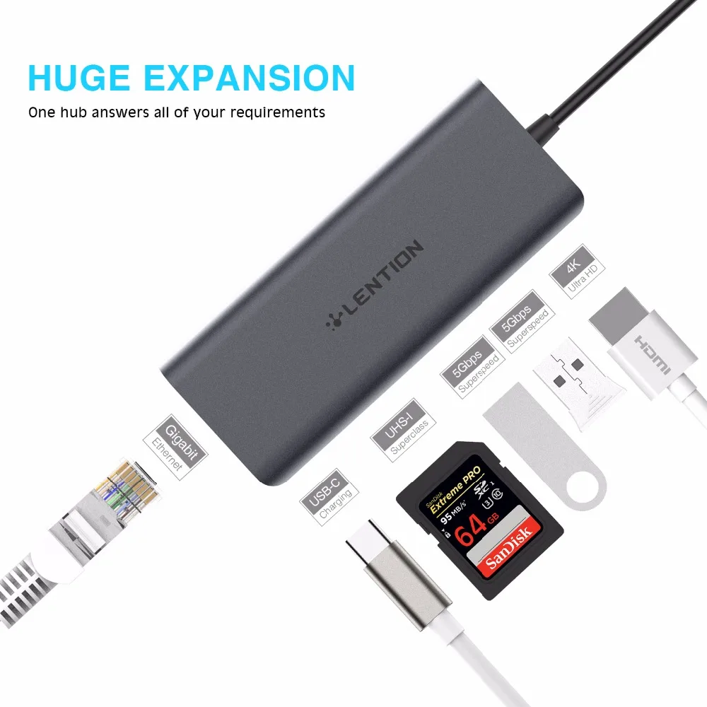 LENTION Тип-C адаптер USB-C концентратор к PD USB3.0 HDMI RJ45 LAN Gigabit Ethernet SD Card Reader все в 1
