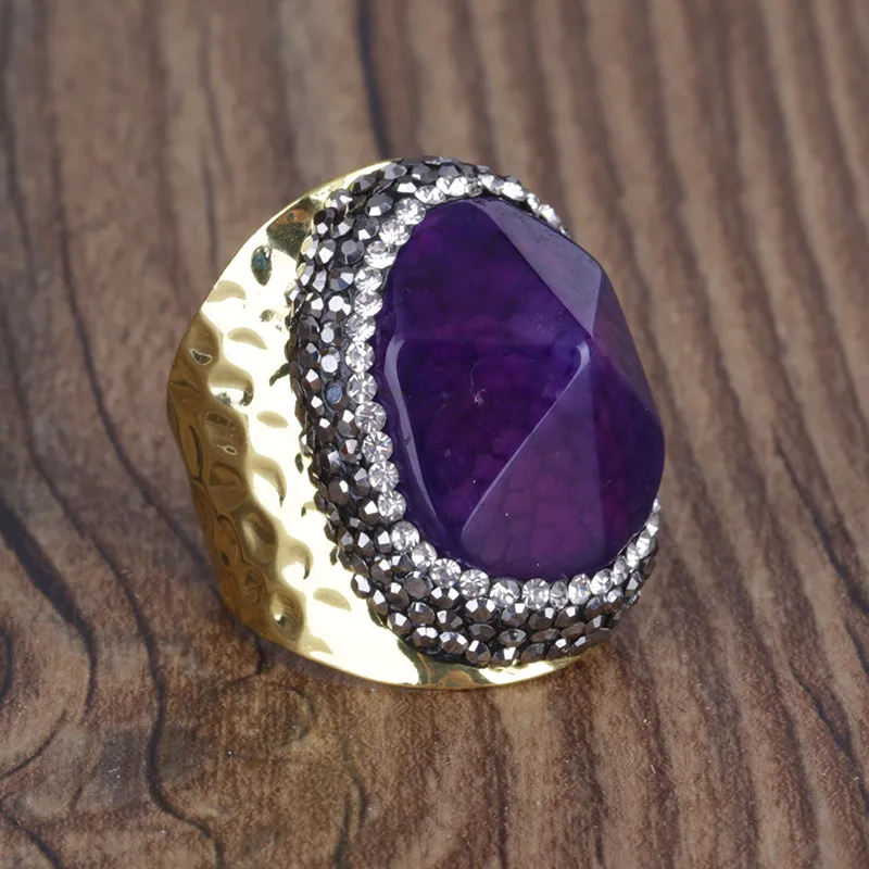 Purple Agate Gold KEJIALAI, irraglular, натуральный пресноводный жемчуг, амулет, ПАВЕ, стразы, молоток, регулируемое, открытое, большое Золотое кольцо, манжета для женщин и мужчин - Цвет основного камня: Purple Agate Gold