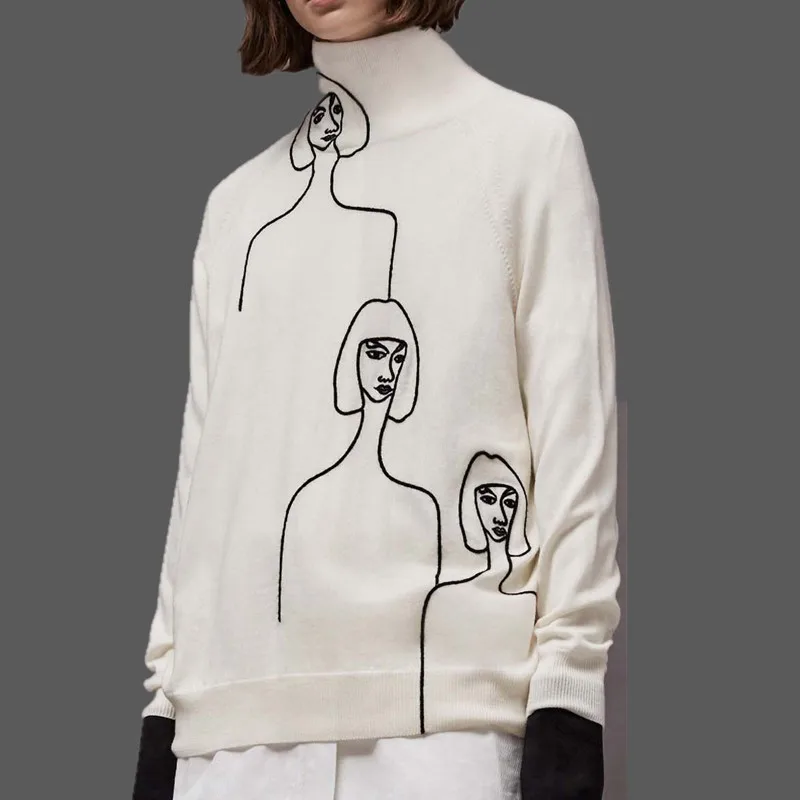 Victoria Beckhem style women abstract portrait embroidery long sleeve turtleneck pullover knitted sweater winter | Женская одежда
