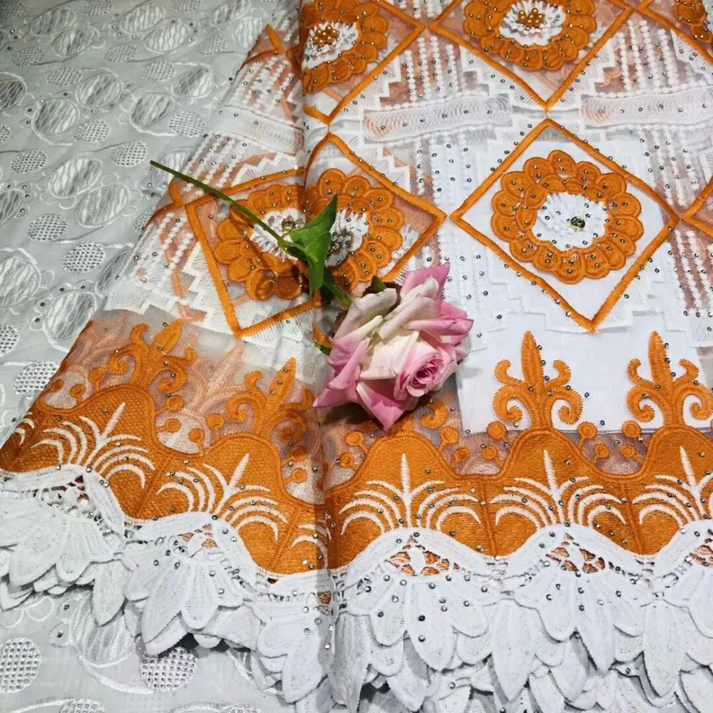 2019 Новый вышитый Африканский сетчатый кружевной ткани красный желтый оранжевый