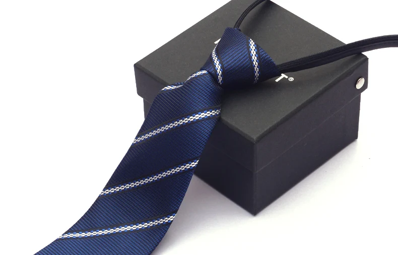 Navy Blue Striped Черный галстук с молнией для мужчин, легко тянется, 7 см, мужской галстук,, модный, синий, зеленый, в полоску, галстук для шеи, вечерние, свадебные, с Gfit коробкой - Цвет: Navy Blue Striped