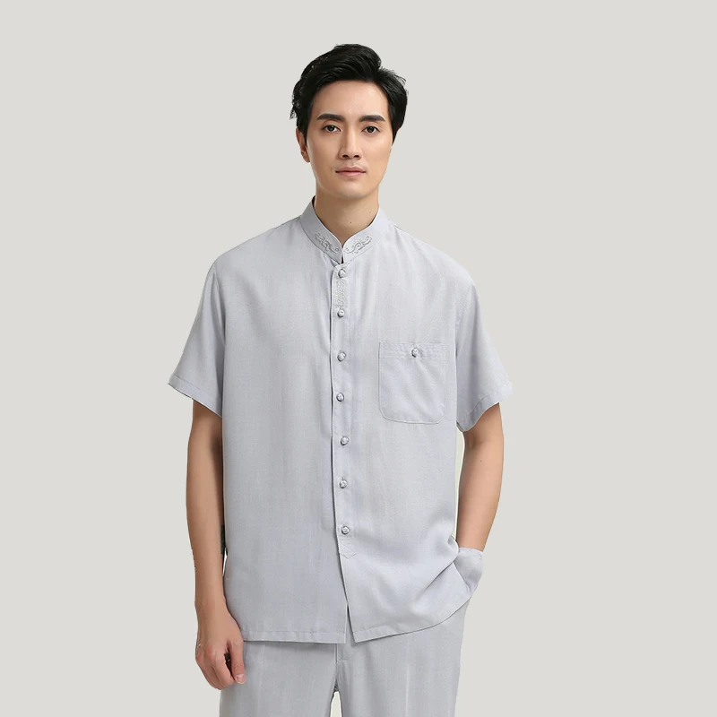 

Solid Chinese Conventional Style Blouse Men's Mandarin Embroider Collar Cotton Linen Kung Fu Shirt Top M L XL XXL 3XL WNS2709