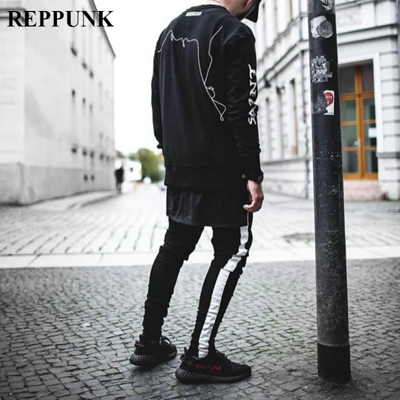 Мужские джинсы с дырками REPPUNK рваные полосками сбоку обтягивающие брюки-карандаш