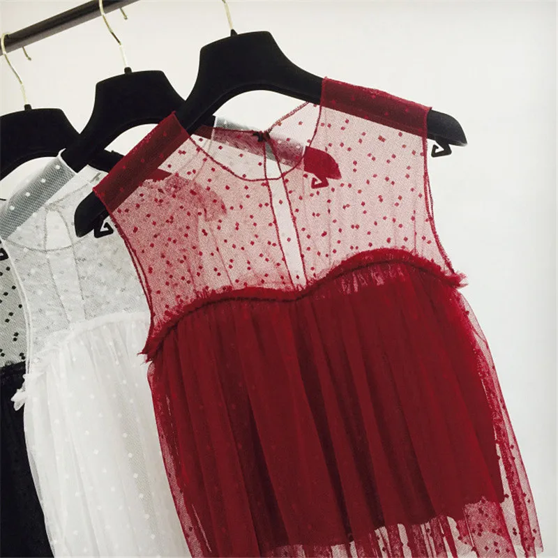 Летние милые Кружево без рукавов Для женщин футболка корейский сексуальный