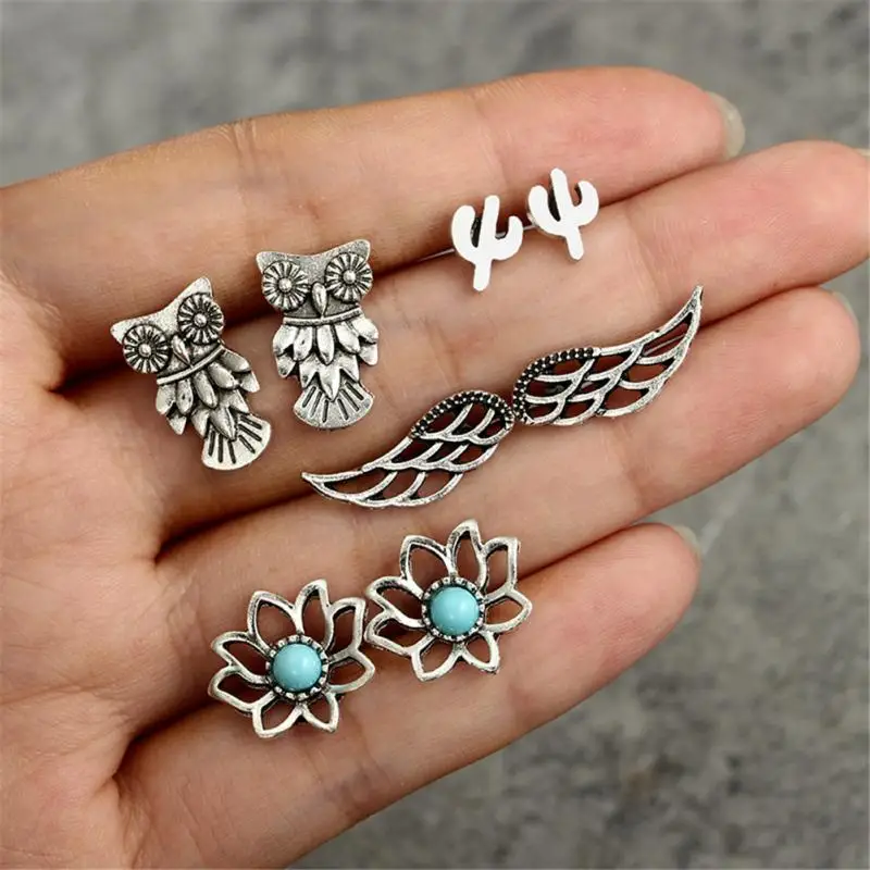 4 пар/компл. Bijoux Сова крылья лотоса серьги гвоздики в виде кактусов набор для