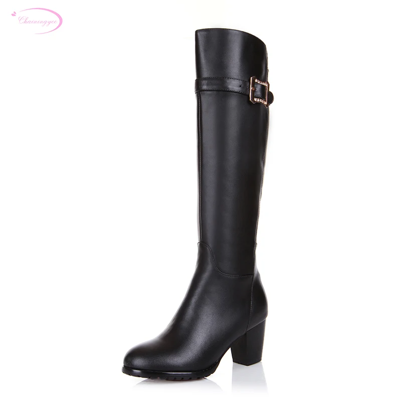 

Chainingyee handmade quality custom cowhide leather knee high boots belt buckle zippers high-heeled knight women's riding boots
