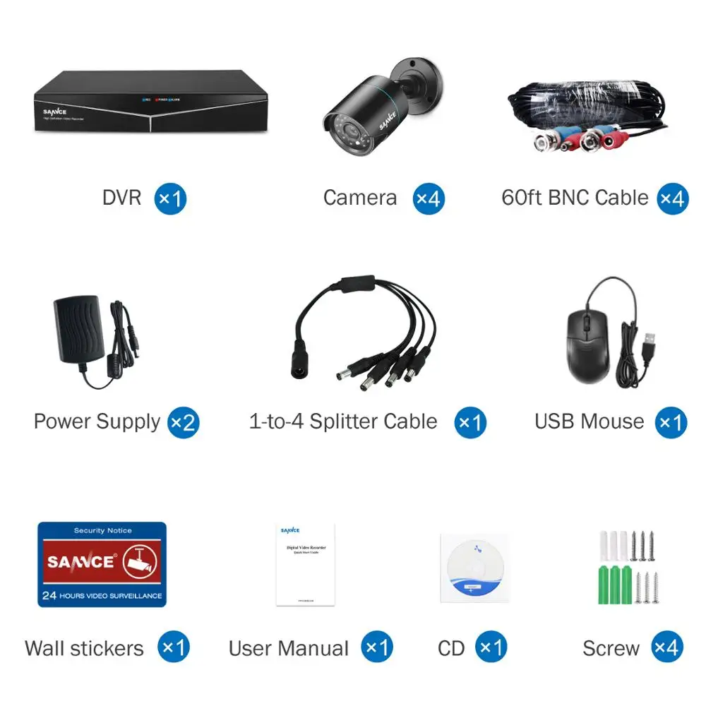 SANNCE 720P 4CH/8CH 5в1 HDMI DVR 1MP TVI Smart IR Bullet наружные погодостойкие камеры домашняя система