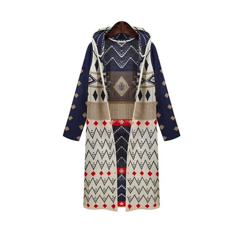 Hot Sale Ladies Long Knitted Cardigan Loose Casual Hooded Geometric Jacket Coat Boho Sweater Free Shipping |