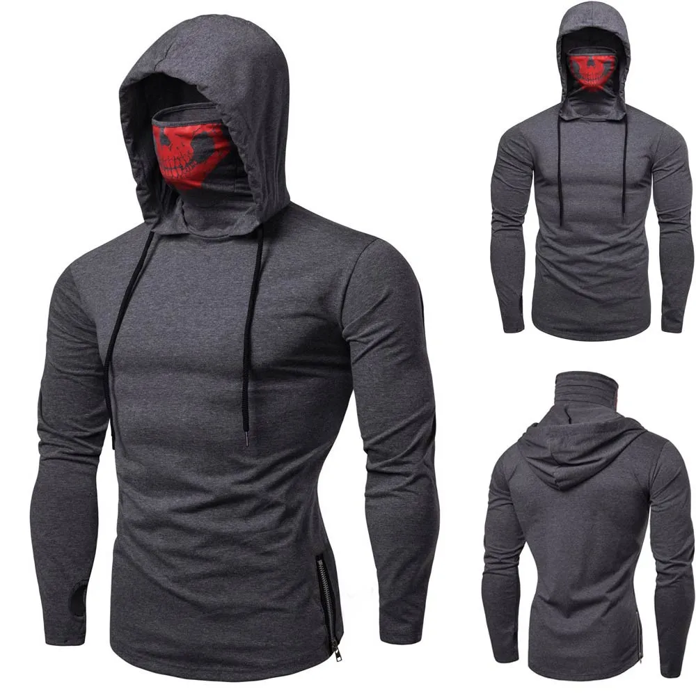 Hoodies Mens streetwear Sweatshirt Mask Skull harajuku Pure Color Pullover Long Sleeve Hooded Tops Blouse sudaderas para hombre | Мужская