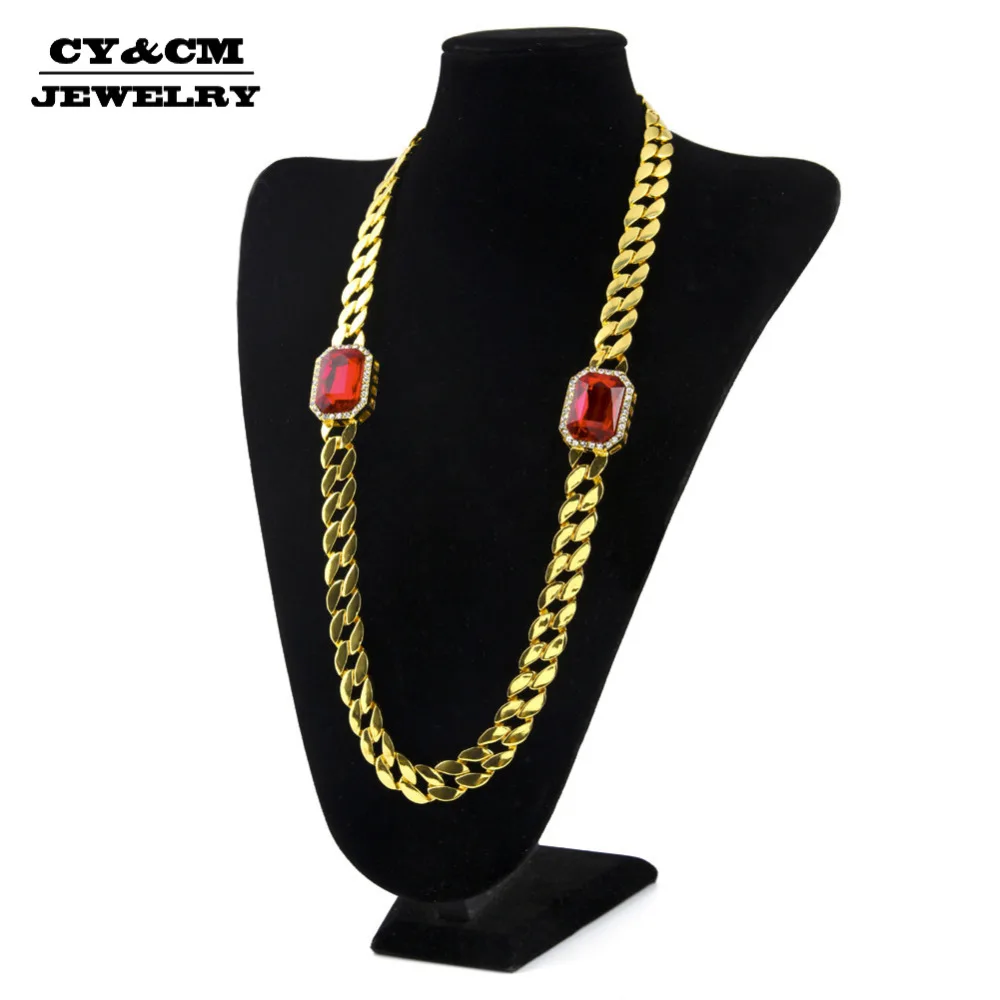 

CY&CM Rapper HipHop Men Necklace Bling Iced out Gold Cuban Link Red Stone Rhinestone Crystal Long Miami Chain Punk Jewelry 30"